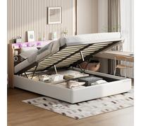 ZYYHMM Letto contenitore con illuminazione a LED, Letto matrimoniale imbottito 160x200 cm, Testiera con vani contenitori, Struttura Letto matrimoniale Con rete a doghe e testiera, Materiale PU bianco
