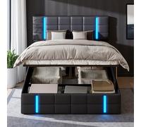 ZYYHMM letto contenitore matrimoniale con LED e USB, letti matrimoniali 160x200 cm, struttura letto matrimoniale con spazio di stoccaggio idraulico, Con testiera e rete a doghe, PU nero
