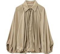 Zyzzephyr Casual Batwing Sleeve Lapel Collar Zip Front Pleated Shirts, Womens Bomber Jacket, Fall Streetwear Shirts Outerwear (Khaki,L)