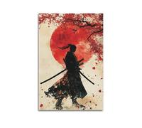 ZZBXSJ Stampa artistica da parete astratta minimalista su tela, poster con samurai ad acquerello, con luna rossa e fiori di ciliegio, decorazione per la stanza, 30 x 45 cm