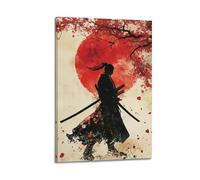 ZZBXSJ Stampa artistica da parete astratta minimalista su tela, poster con samurai ad acquerello, con luna rossa e fiori di ciliegio, decorazione per la stanza, 50 x 75 cm