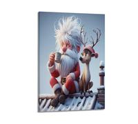 ZZBXSJ Stampa artistica da parete astratta minimalista su tela, poster natalizio in stile cartone animato, con Babbo Natale e renna che si godono un drink, decorazione artistica da parete, 40 x 60 cm