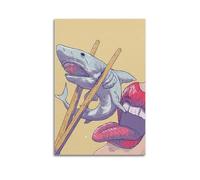ZZBXSJ Stampa artistica da parete su tela astratta minimalista - Poster con animali comici, squalo mangiato dalle labbra con le bacchette, decorazione per la stanza, 60 x 90 cm