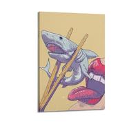 ZZBXSJ Stampa artistica da parete su tela astratta minimalista - Poster con animali comici, squalo mangiato dalle labbra con le bacchette, decorazione per la stanza, 40 x 60 cm
