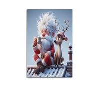 ZZBXSJ Stampa artistica da parete su tela astratta minimalista - Poster natalizio in stile cartone animato con Babbo Natale e renna che si godono un drink, decorazione artistica da parete poster 50 x