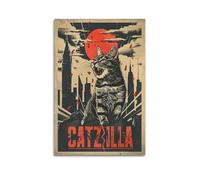 ZZBXSJ Stampa artistica da parete su tela astratta minimalista - Poster pop art con gatto ruggente con skyline della città e luna rossa, decorazione artistica per la stanza, 30 x 45 cm