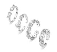 ZZHYTANG Set di 4 anelli for dita dei piedi regolabili for donna, placcati in argento, design floreale/a cuore vuoto, gioielli for l'estate(4 pcs)