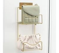 ZZJCY Organizzatore di Borse Sospese per Armadio, Supporto per Borsetta per Montaggio A Parete Oltre La Porta, Espositore per Borse in Metallo con 2 Ripiani, Risparmio di Spazio, Oro