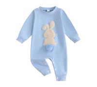 ZZLBUF Set di tutine pasquali per neonata e neonata, con ricamo a maniche lunghe, con coniglietto, Blu, 12-18 Months