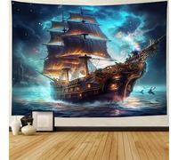 ZZLZYQ Decorazione arazzo nautico Fantasma Barca a vela Arte da parete Fantasia Scenario oceanico Nave pirata nautica Onda Vela Luna Arazzi appesi a parete Decorazione Camera da letto Soggiorno Dormit