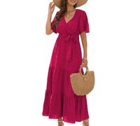 ZZLZYQ Vestito Donna Elegante Abiti Estivi da Manica Corta V Collo Alto in Vita Alta Abito Spiaggia per Le Vacanze Lungo-Rosa Rosso-m