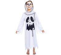 ZZOUFI Vestito Fantasma Bambino, Costume Fantasma Bambini Halloween per Bambina Bimbo Bimba Ragazza Ragazzo, Bianco con Cappuccio (Bianco + Nero, M)