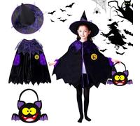 ZZQVIP Costume Strega Bambina 3 Pezzi - Mantello Nero e Viola con Cappello e Borsa Pipistrello, Perfetto per Halloween, Carnevale, Feste in Maschera e Eventi Scolastici, Taglia 90-140 cm