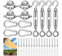 ZZQVIP Kit di Fisso per Tende da Sole 44 PCS, M6 Acciaio Inossidabile, con 4 Tenditori, 4 Moschettoni, 4 Staffe a Parete, 16 Viti e 16 Tasselli per Vele Ombreggianti Rettangolari e Triangolari