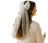 ZZTINGC Velo da Sposa con Perle Personalizzato con Fermaglio for Capelli, Velo con Fiocco in Nastro Bianco per La Futura Sposa, Eleganti Accessori per Capelli da Sposa in Garza