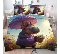 ZZXHG Copripiumino Matrimoniale 240x260 in Microfibra Ippopotamo Viola, 3 Pezzi Set di Biancheria da Letto Matrimoniale per Bambini/Adulti, 1 Copripiumini e Cerniera e 2 Federe 50x80 cm