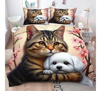 ZZXHG Copripiumino Singolo 150x200 Cane Bianco e Gatto, Reversibile Copripiumini in Microfibra per Bambini, 3 Pezzi Set di Biancheria da Letto Singolo con Cerniera e 2 Federe 50x80 cm