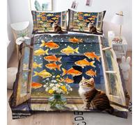 ZZXHG Parure Copripiumino Matrimoniale 260x240 Gatto e Pesce, Copripiumini in Microfibra per Adulti, Reversibile Set di Biancheria da Letto Matrimoniale con Cerniera e 2 Federe 50x80