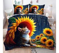 ZZXHG Parure Copripiumino Matrimoniale 260x240 Gatto Giallo e Girasole, Copripiumini in Microfibra per Adulti, Reversibile Set di Biancheria da Letto Matrimoniale con Cerniera e 2 Federe 50x80
