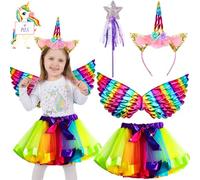 ZZXLOPEZ 4 Pezzi Costume Unicorno Bambina, Costume Carnevale Unicorno Bambina, Tutu Gonne Balletto con Fascia per Unicorno, Ali Colorate, Bacchetta Magica, per Festa Compleanno Carnevale
