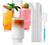 ZZXLOPEZ 4PCS Bicchieri Vetro Coste, Bicchiere da Long Drink con Cannuccia, Cocktail Vetro 300ML, Stile Vintage Bicchieri Cocktail, Bicchieri da Caffè Adatto Frappè, Succhi, Lavabile in Lavastoviglie