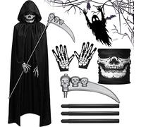 ZZXLOPEZ Costume da Grim Reaper Unisex, Costume da Triste Mietitore, Halloween Mantello con Cappuccio con Guanti Scheletro, Maschera Teschio, Falce, Costume Cosplay Carnevale Feste Costumes