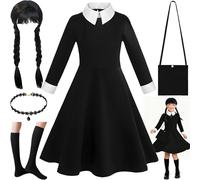 ZZXLOPEZ Costume Halloween Bambina, Vestito Halloween Carnevale Bambini Costume con Parrucca e Accessori, Vestito Mercoledì Bambinas,Vestiti Bambina per Carnevale Party Cosplay (120cm)