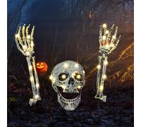 ZZXLOPEZ Scheletro di Halloween Decorazione, Scheletro Spaventoso Realistico con 3m Luci LED, Teschio e Braccio di Halloween, Decorazione Halloween per Giardino Cortile Prato Infestato Decorazione