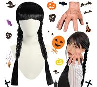 ZZXLOPEZ Wednesday Parrucche Intrecciate Nere, Mano di Mercoledi, Halloween Family Hand, Mercoledì Parrucca con Retina per Capelli, per Le Decorazioni del Festival Cosplay per Carnevale Halloween